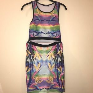 Neon Tropical Bodycon Dress with Midsection Cutout